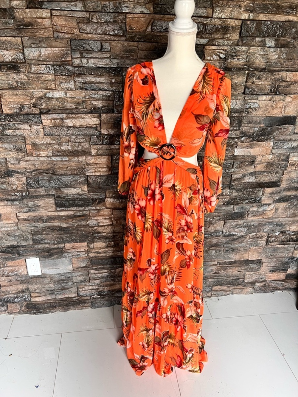 Gianni Bini Orange Floral Cutout Maxi Dress with Ring Detail